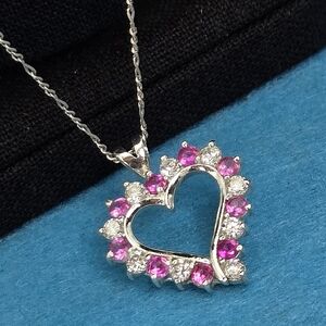 Sapphire Pink CZ Sterling Silver Heart Necklace
